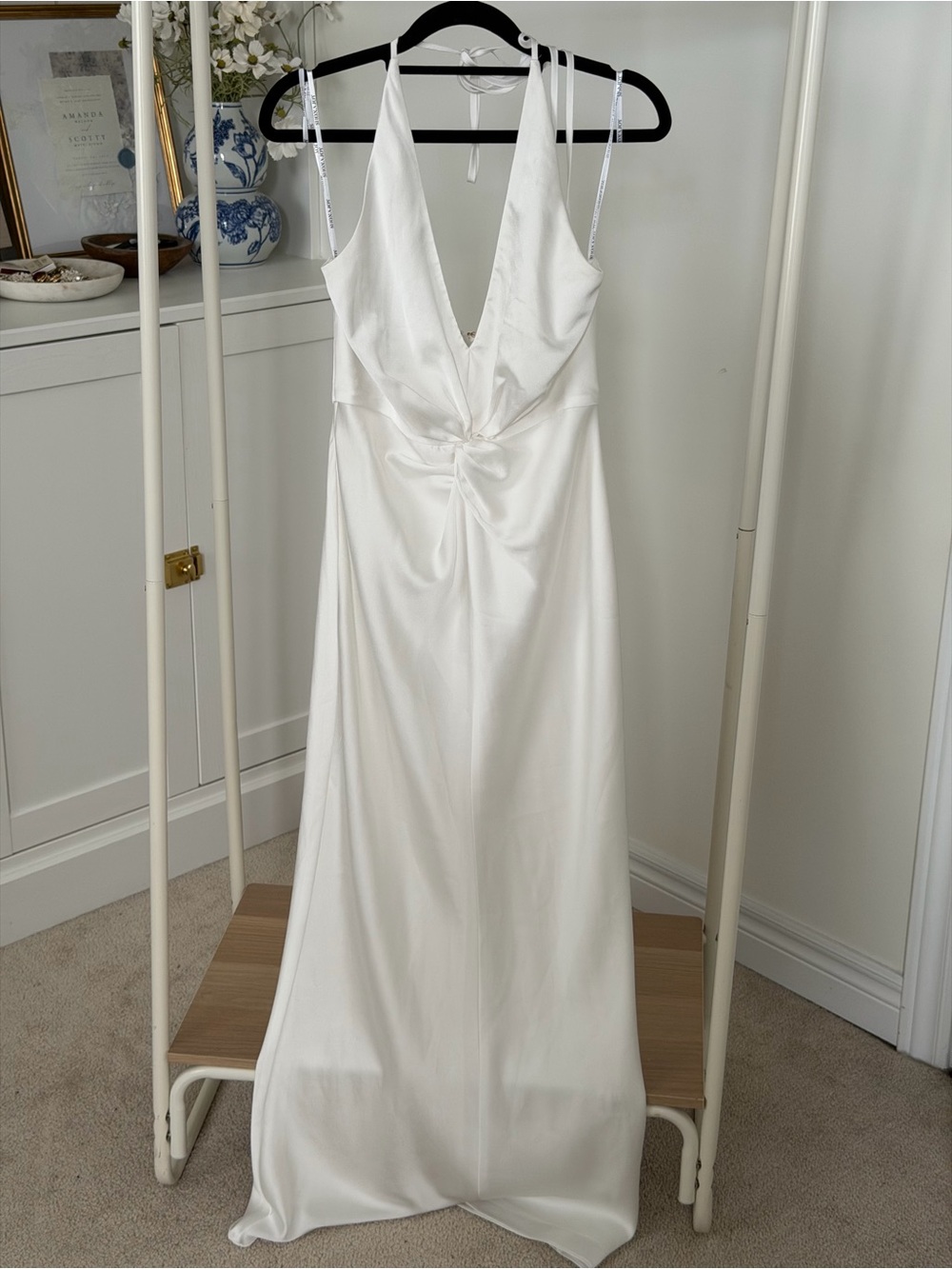 Shona Joy Ivory Satin V-Neck Knot Front Slip Dress